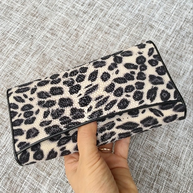 Authentic Stingray Skin Leopard Tiger Designer Long Wallet Genuine Leather Women Large Clutch Purse Lady Card Holder