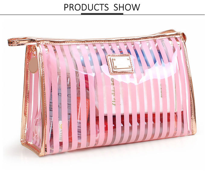 Transparent Pink Strip Pattern PVC Waterproof Makeup Cosmetic Storage Bag