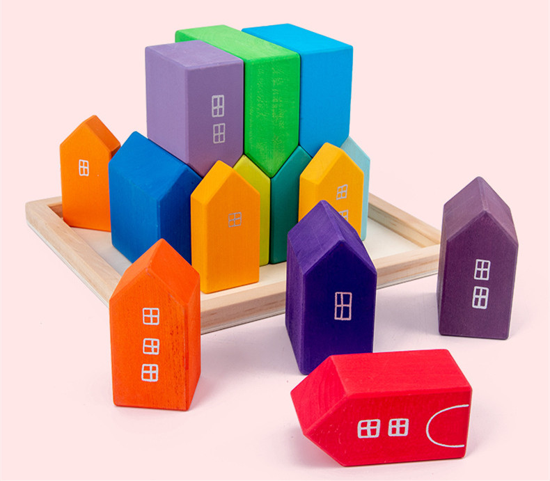 22.5cm House Wooden Rainbow Stacker Wooden Story Rainbow Stacking Toy