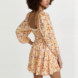 Ladies Viscose Floral Print Ruffle Hem Scoop Neck Smocked Waist Crepe Dress for Women