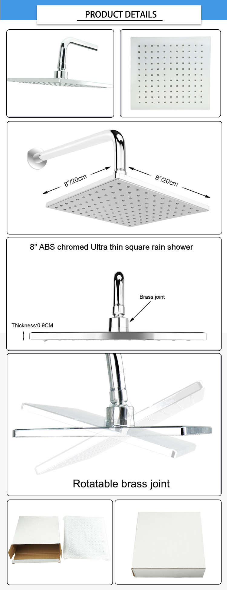 Brass Joint 20×20×0.9cm Bathroom Rain Shower Heads
