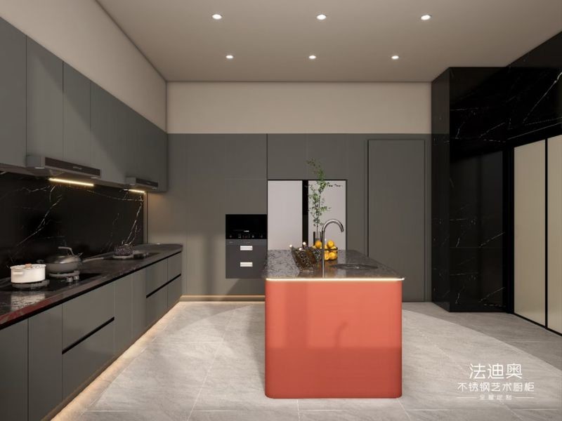 Fadior U-Shaped Layout Gray And Crimson Red Stainless Steel Kitchen Cabinet