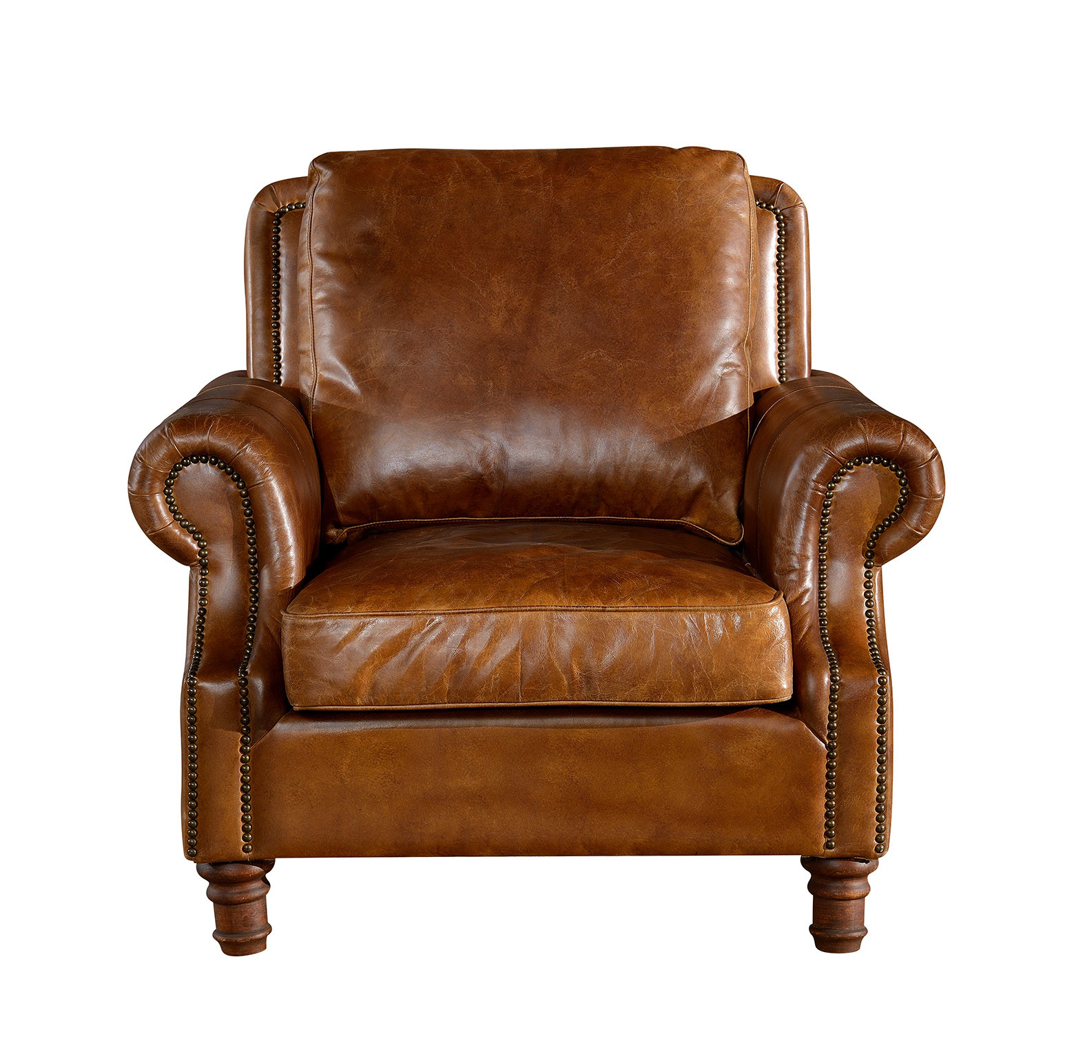 Retro Brown High Back Leather Armchair Hard Solidwood Frame American Style