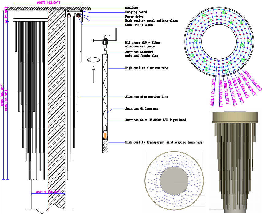 Tricolor Design Style LED Customized Pendant Lamp For Duplex Villas Staircases