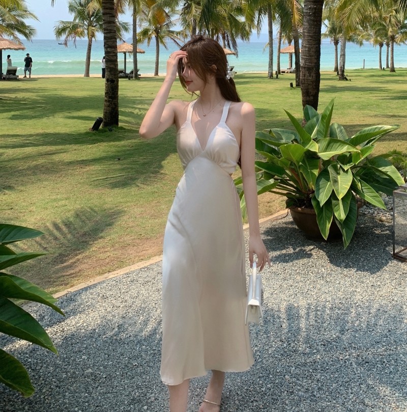 Suspender Womens Vacation Dresses Backless Tie Back Low Cut V Neck