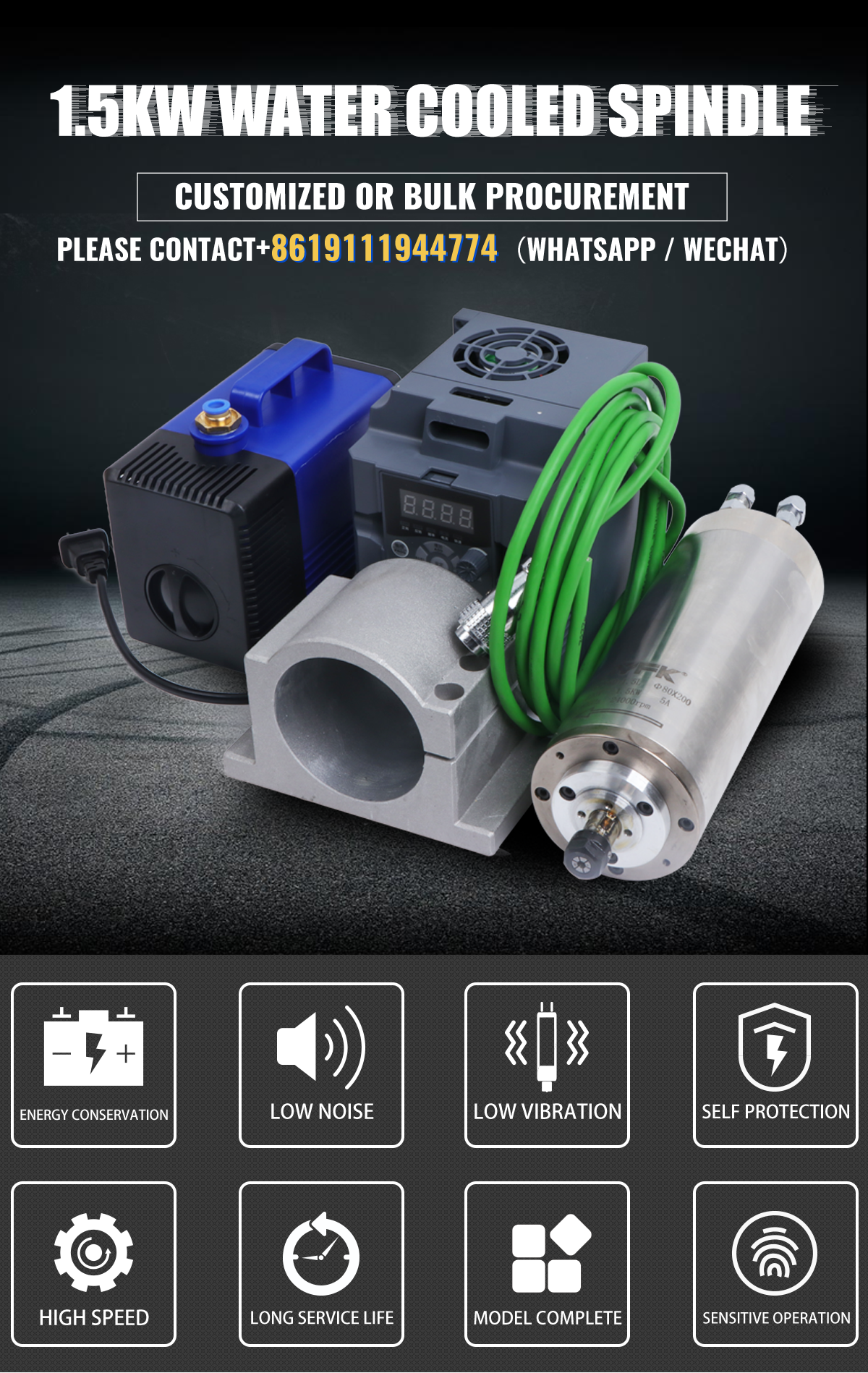 24000RPM High Frequency Motor Drive YFK 1.5kw Water Cooled Spindle Set for CNC Router