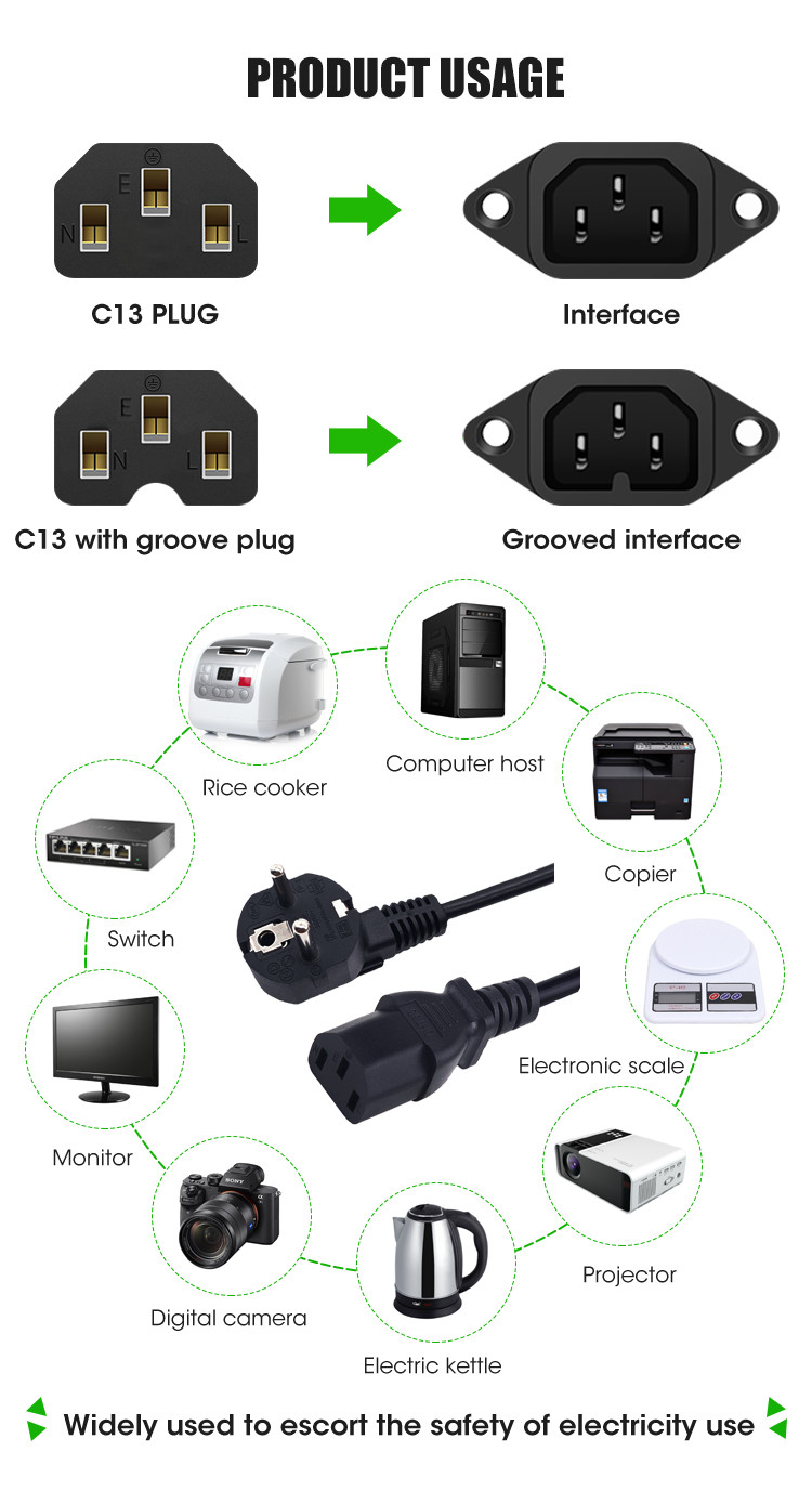 10A 125V Extension Power Cord UL Approval IEC C13 C14 Connector Cable