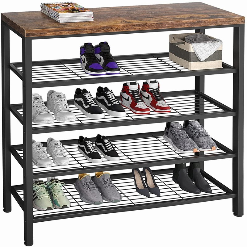 Rustic Large 5 Tier Metal 18 Pair Shoe Rack Unit With Wood Board