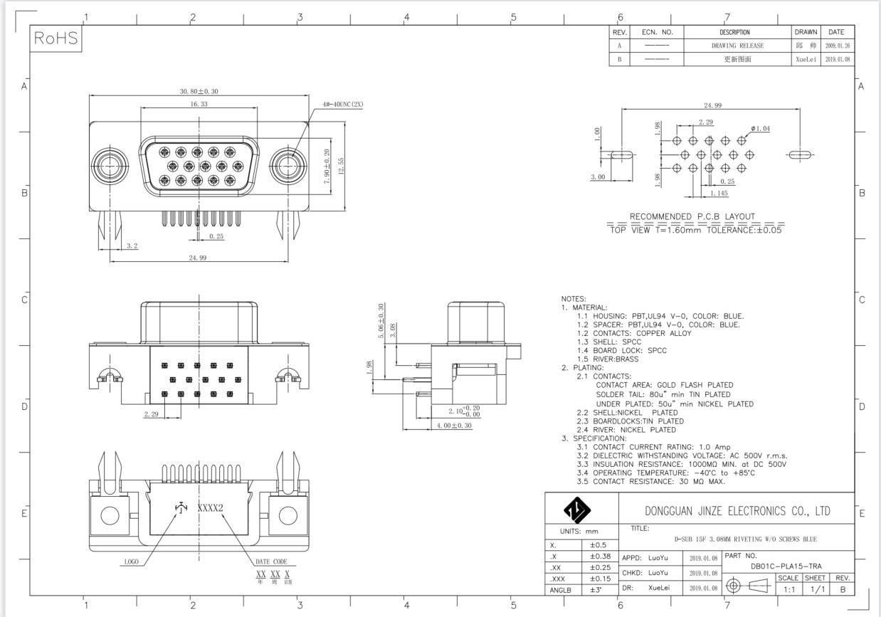 Ultra Thin Female VGA DB15 Connector Three Row HDR15 8 Pin High Density D Sub Connector