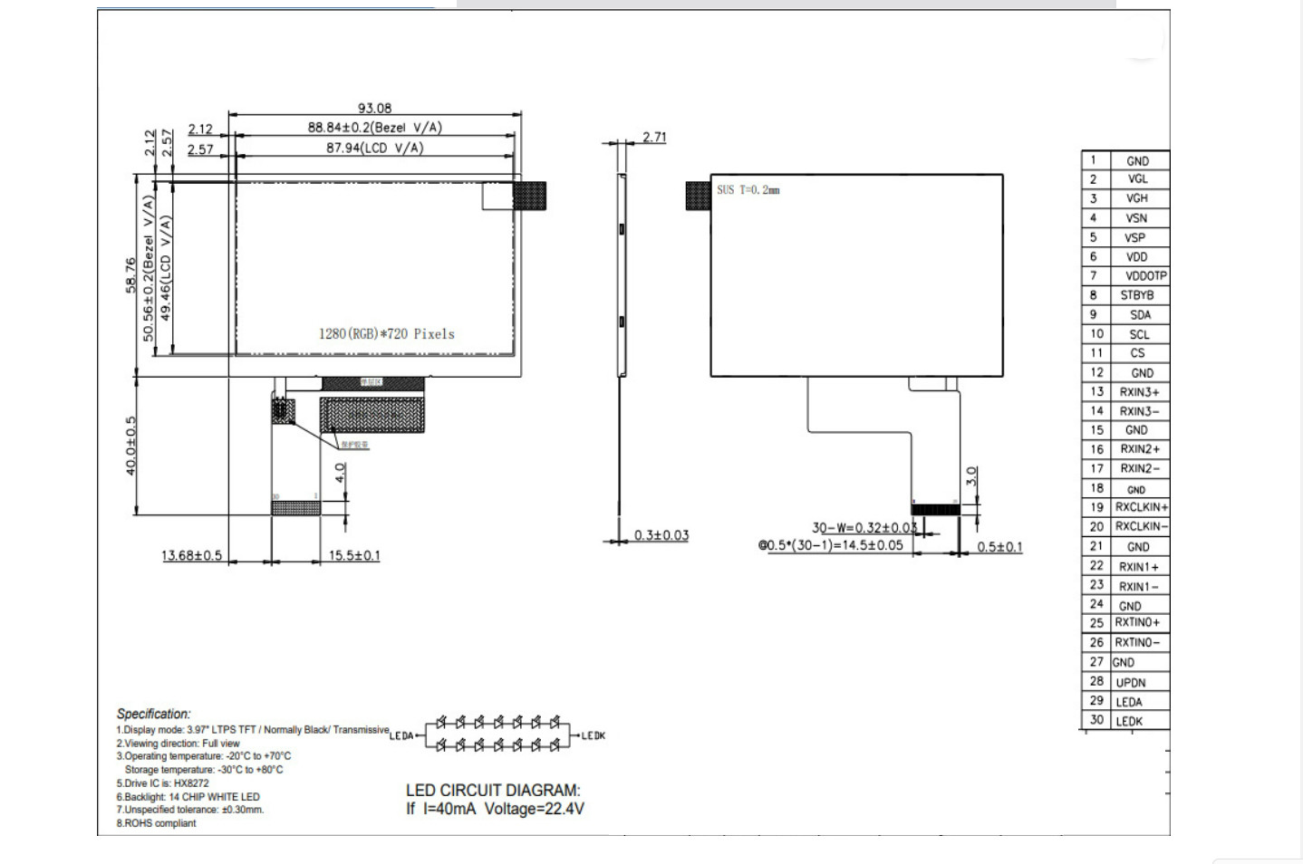 4 Inch TFT LCD Module, 1280X720 Resolution, 1100nits 30pins LVDS Interface