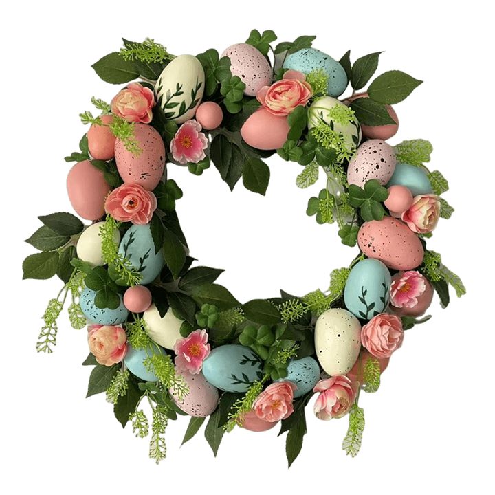 Senmasine Egg Easter Wreath for Front Door Hanging Spring Decor Mixed Colorful Plastic Eggs Artificial Leaves Flowers Wreaths