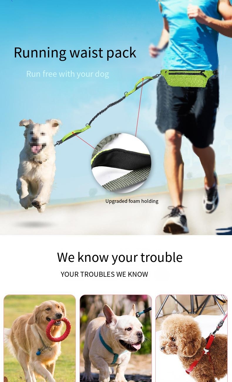 Pet Reflective Hands Free Leash With Waist Bag And Telescopic Adjustment For Dog Sports Running Leash