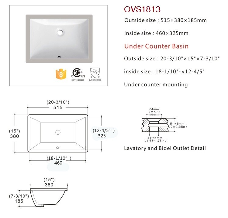 Stains Resistant Ada Bathroom Sink 17" Rectangular Undermount Bathroom Sink 500mm