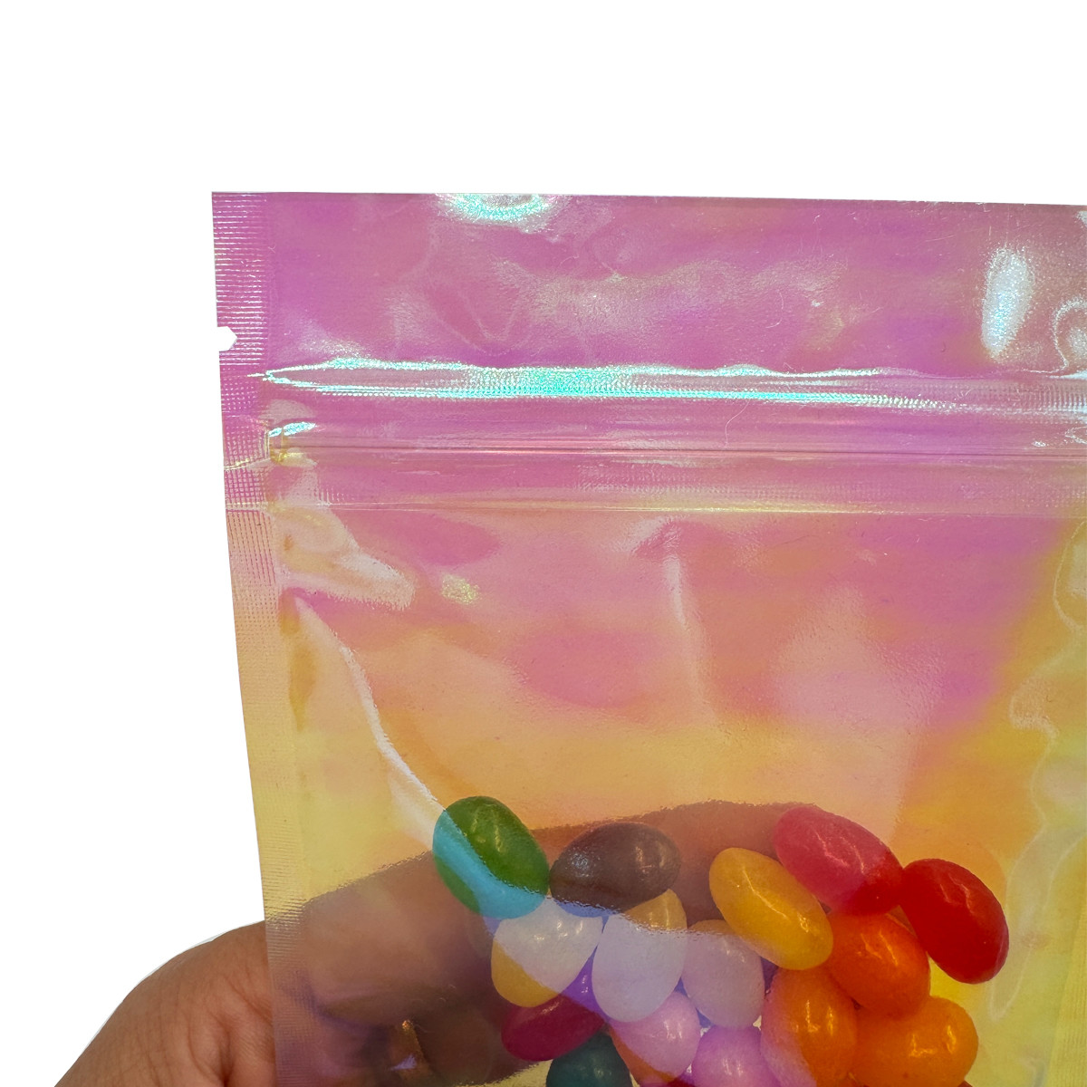 Custom Pink Rainbow Color Holographic Flat Zipper Pouch 3 Sides Sealed Bags for Packing Food, Accessories, Cosmetics