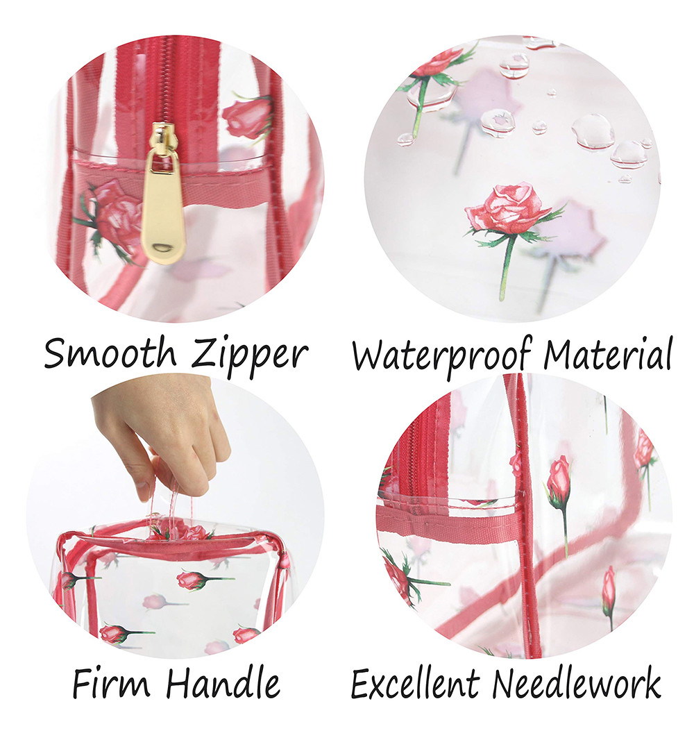 Rose Pattern PVC Cosmetic Organizer Bag With Zipper