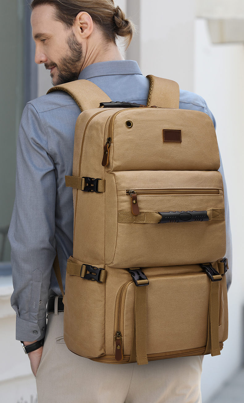 Retro Large Capacity Outdoor Travel Bags Mens Canvas Laptop Backpack 56-77 Litre
