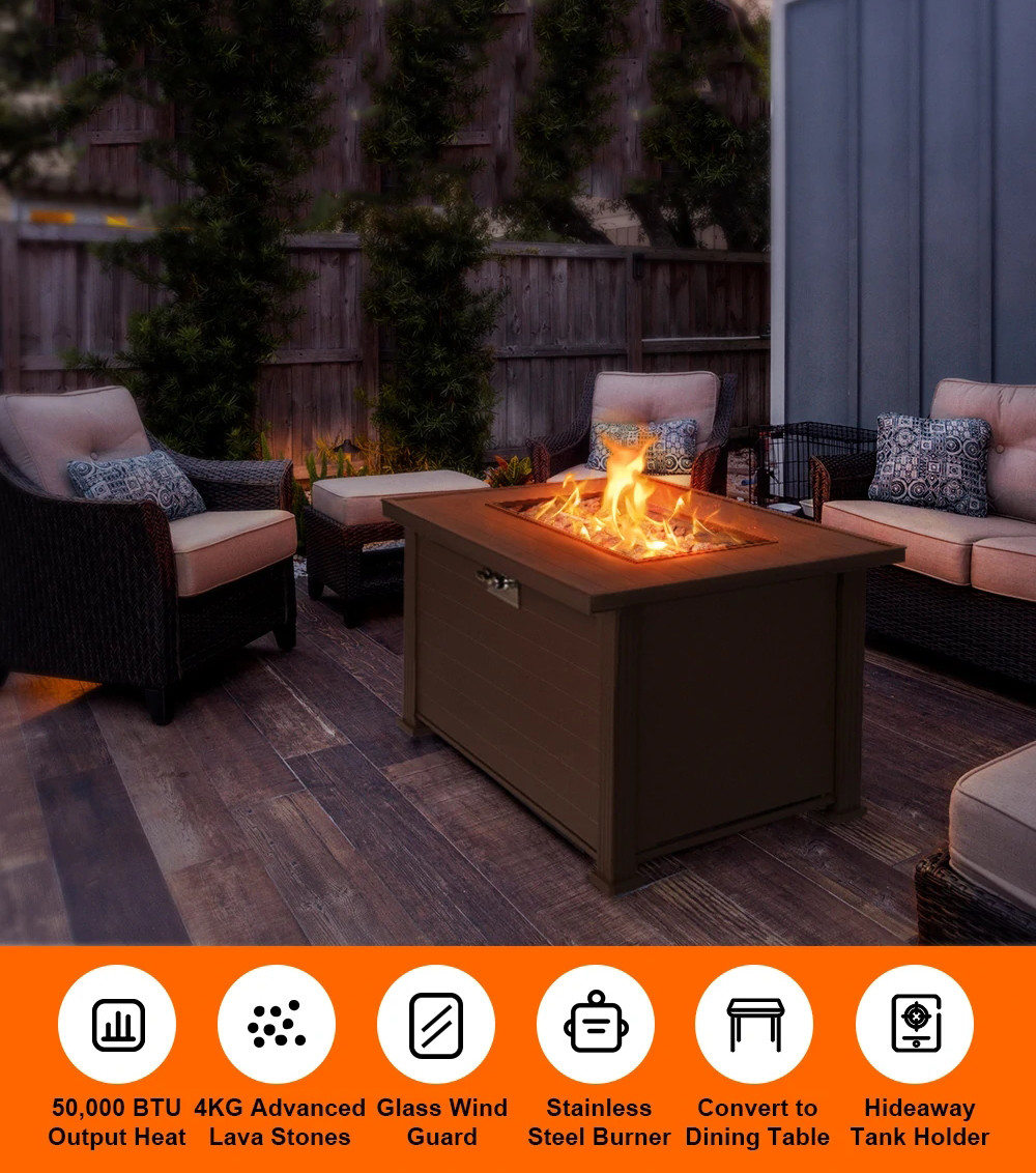 50,000BTU Auto Ignition Propane Fire Pit Black Tempered Glass Top Clear Glass Rock