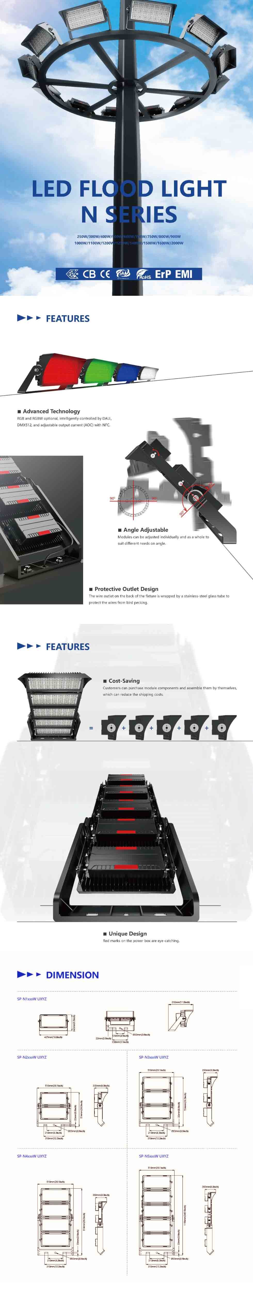 120W To 2000W Outdoor LED Flood Lights Outdoor IP66 Waterproof Stadium Flood Light
