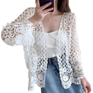 Long Sleeve Cardigan Hollow Out Women Crochet Cardigan Lightweight Tie Front Hollow Out Long Sleeves Summer Knit Cover Cardigans Open Front Scalloped Mesh Beach Shrug Coat Beige