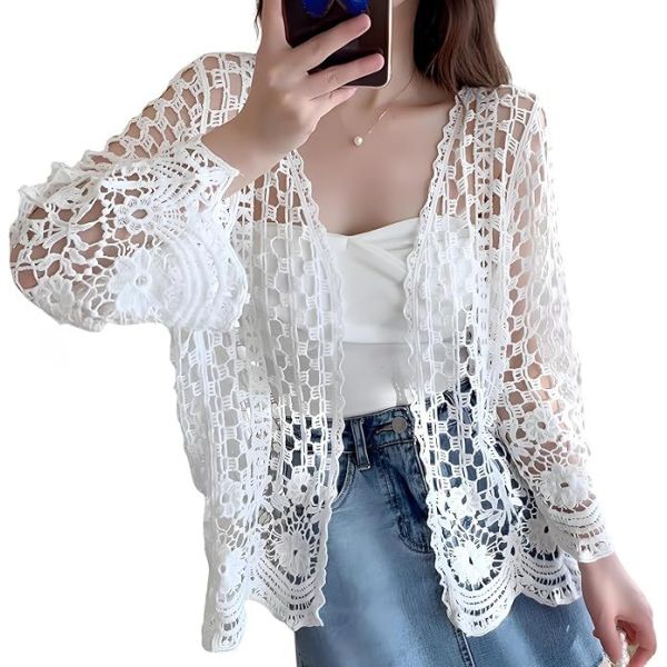 Quality Long Sleeve Cardigan Hollow Out Women Crochet Cardigan Lightweight Tie Front Hollow Out Long Sleeves Summer Knit Cover Cardigans Open Front Scalloped Mesh Beach Shrug Coat Beige for sale