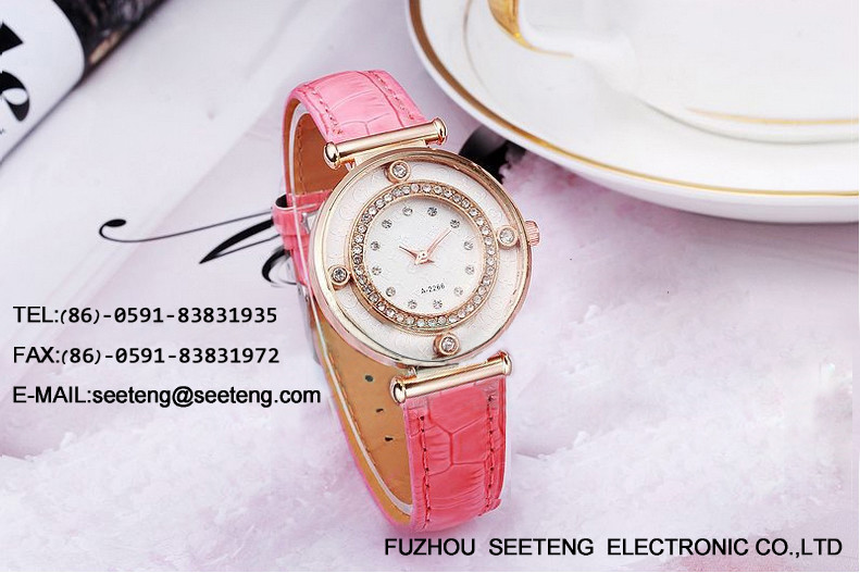 Fashion design wrist watch with colorful pu leather strap and diamond inset dial for ladies