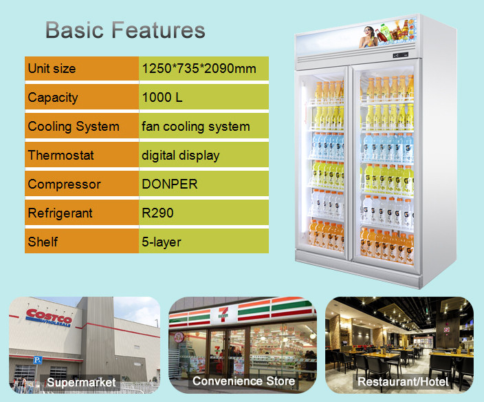 Upright Supermarket Refrigerated Showcase Glass Door Beer Beverage Cooler Refrigerator Chiller