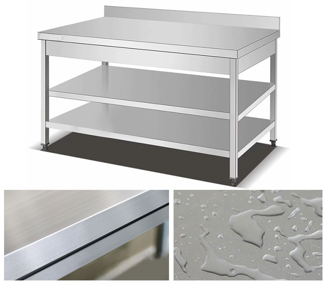 Restaurant Stainless Steel Working Table Assembly Fencing Three Deck Worktable With Backrest Commercial Storage Rack