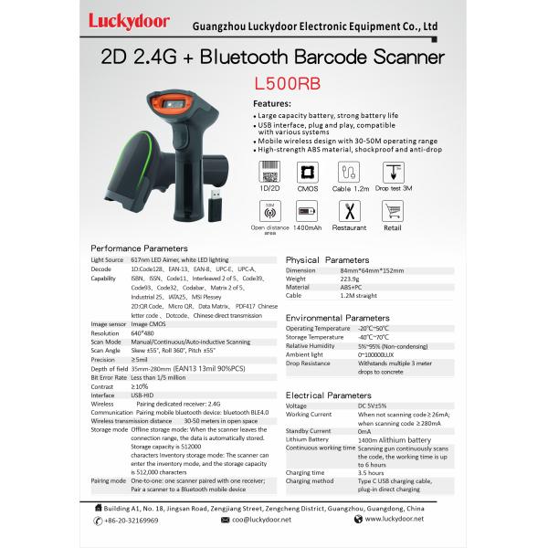 2024 Luckydoor Hot Selling 2D USB for Bluetooth Wireless 2.4G QR Code Reader A4 Size CMS Light Source for Scanning Com Stock