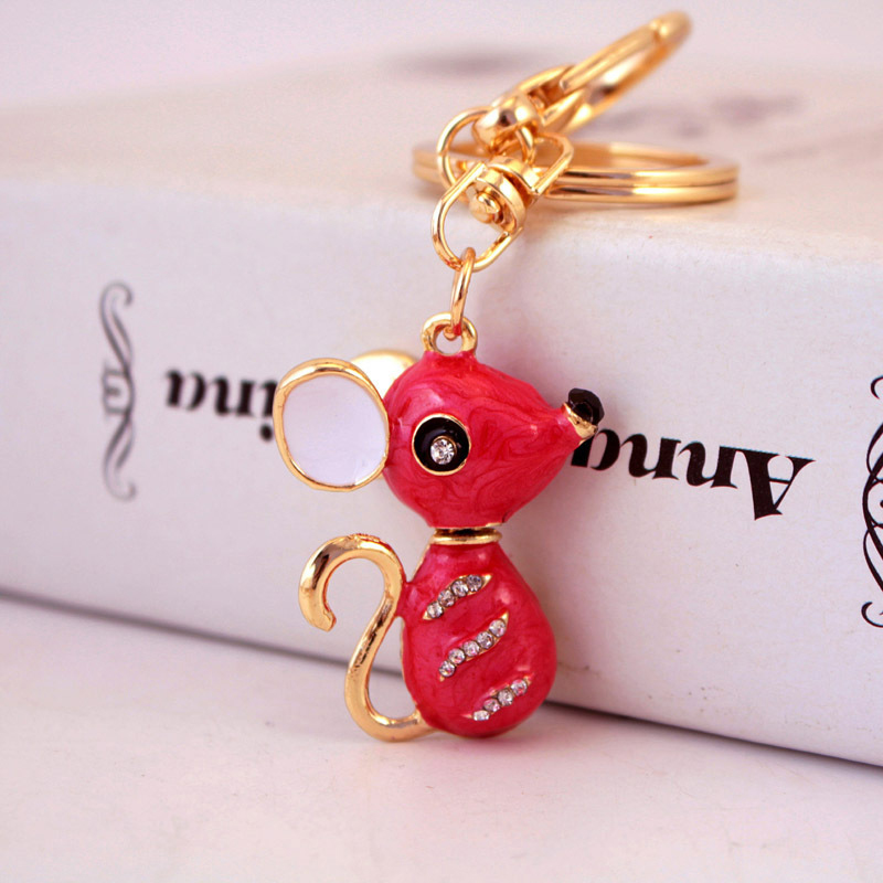 Metal Year Of The Rat Keychain 6cmx3.6cm Size Rhinestone Material