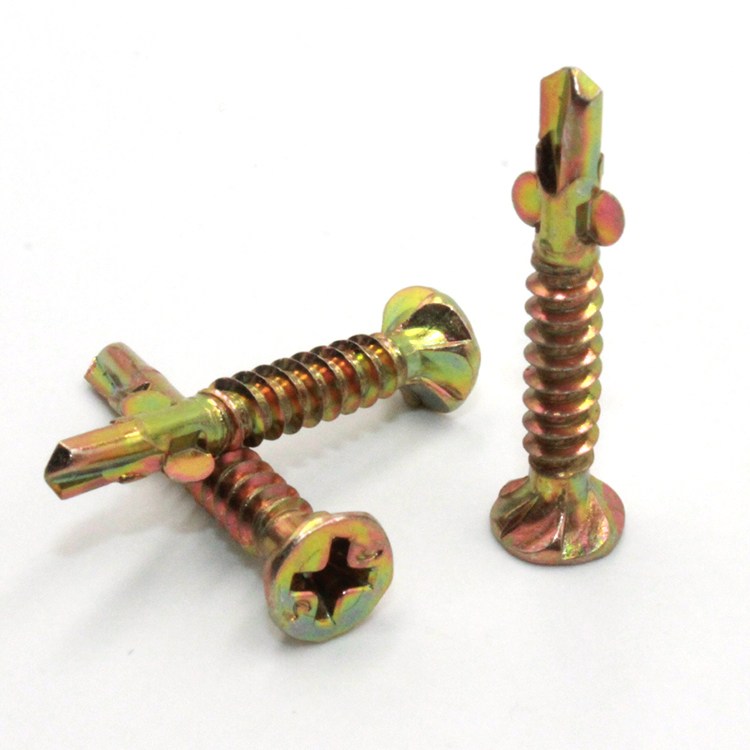 Flat Head Self Drilling Screw with Wings and Ears in Blue/Black/Yellow Zinc Plated