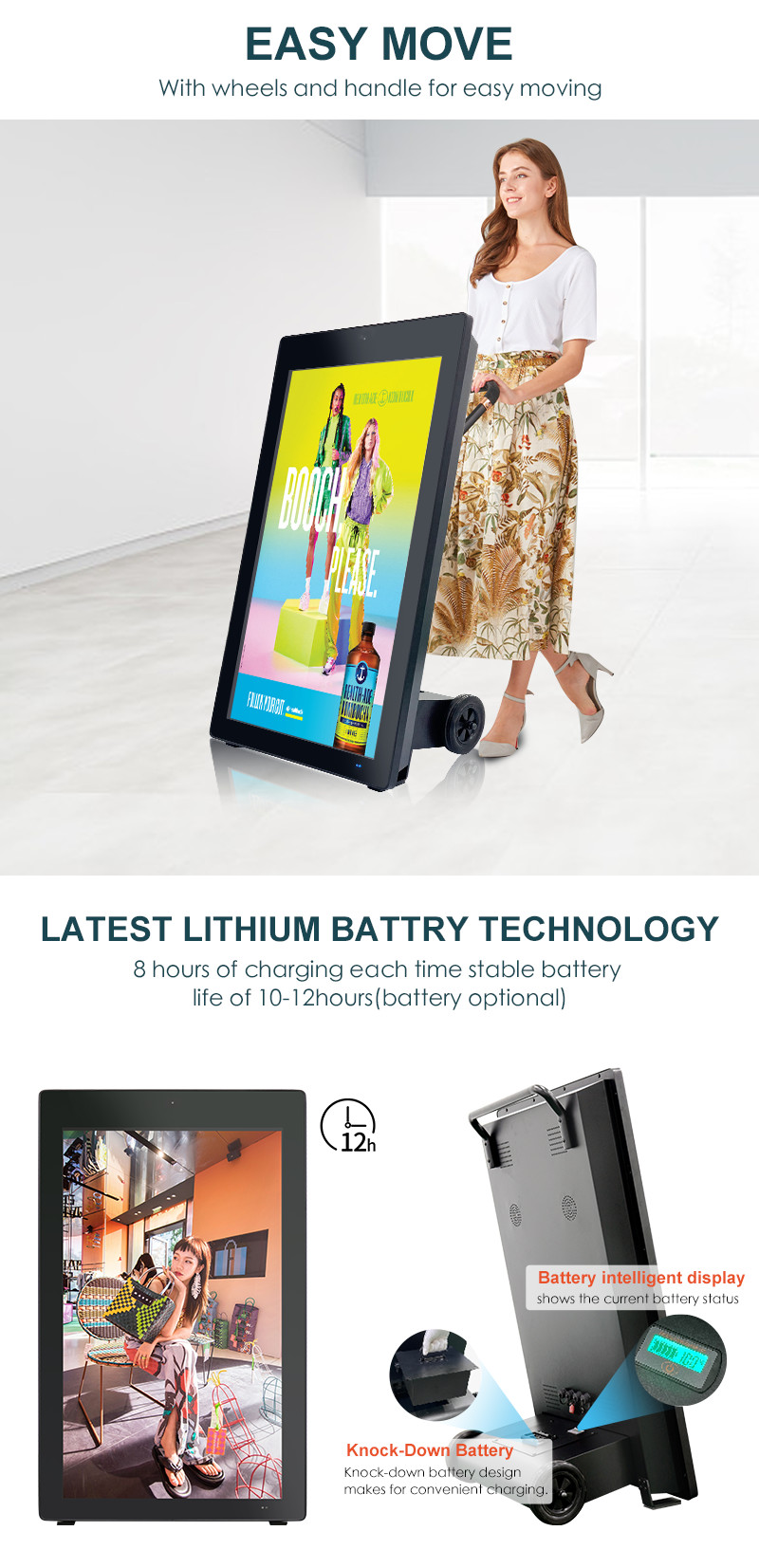 Outdoor capacitive touch lcd portable with wheels display advertising digital signage battery powered
