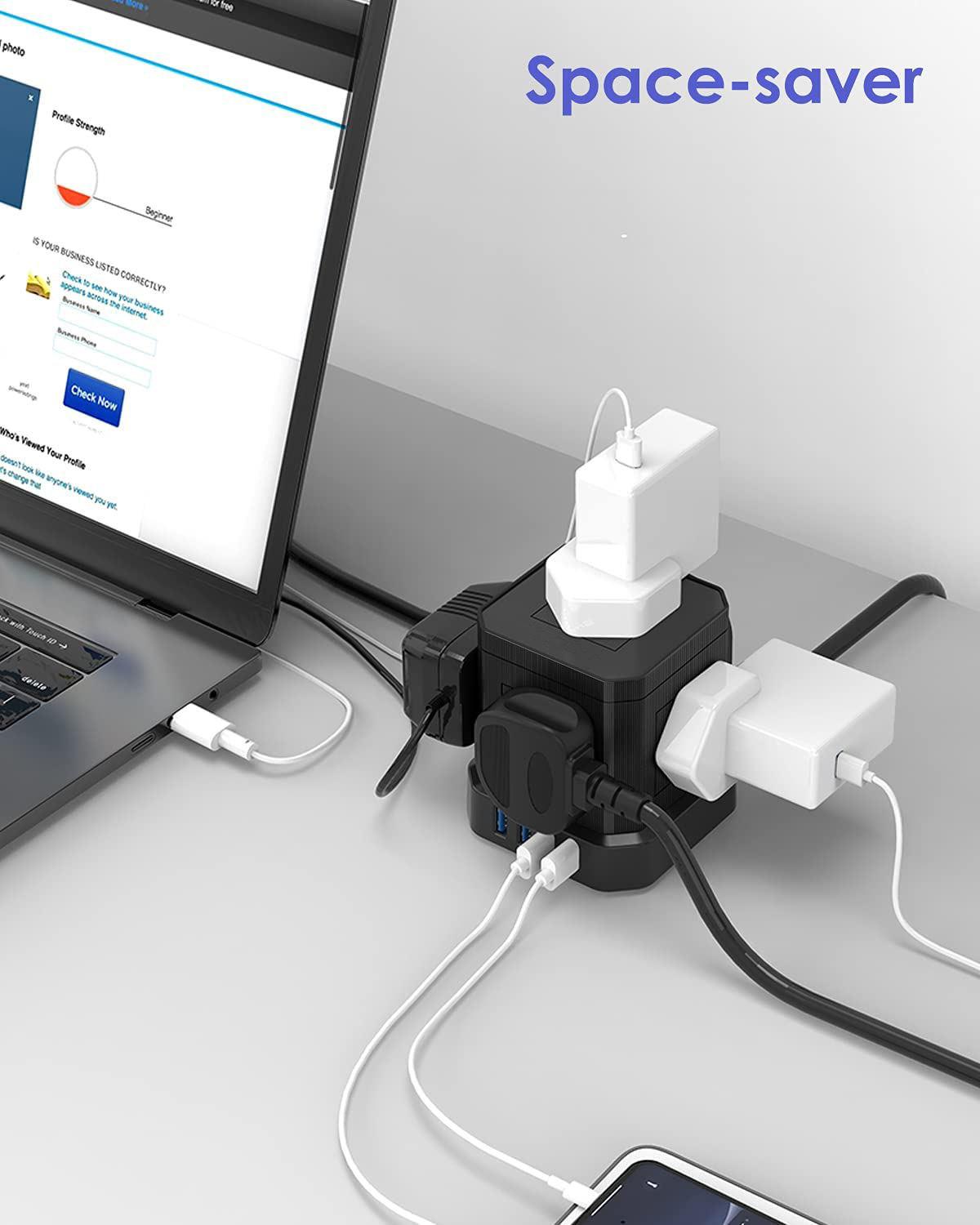 Residential USB C Extension Lead 5 Way Cube Power Strip With 4 USB Slots