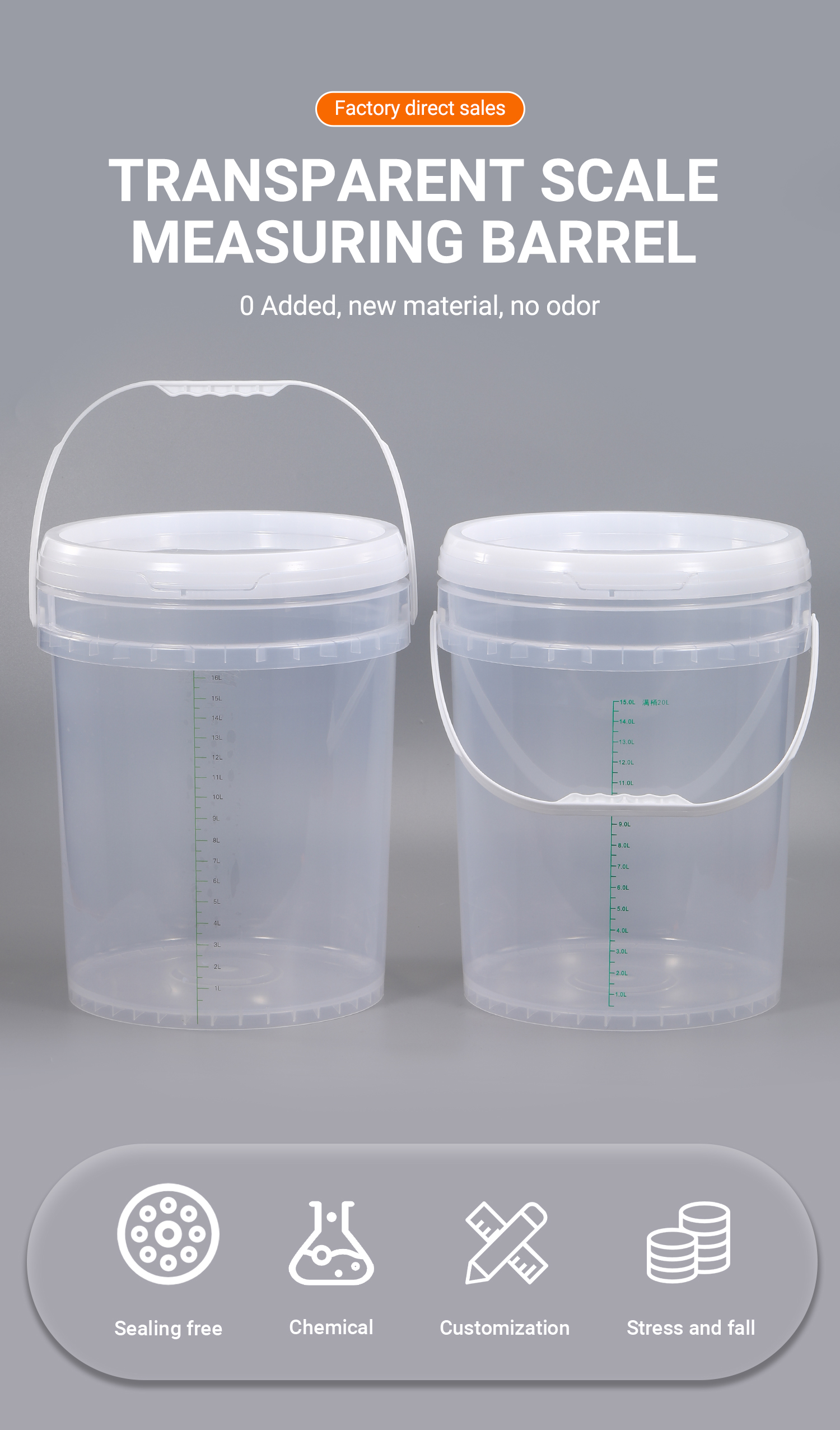 20L Plastic Bucket Container With Scale Ruler Handle Lids Food Grade 5 Gallon Bucket