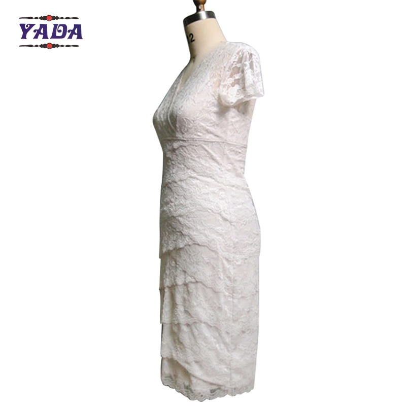 Fashion lace v-neck short sleeve elegant women ladies white dress for mature woman