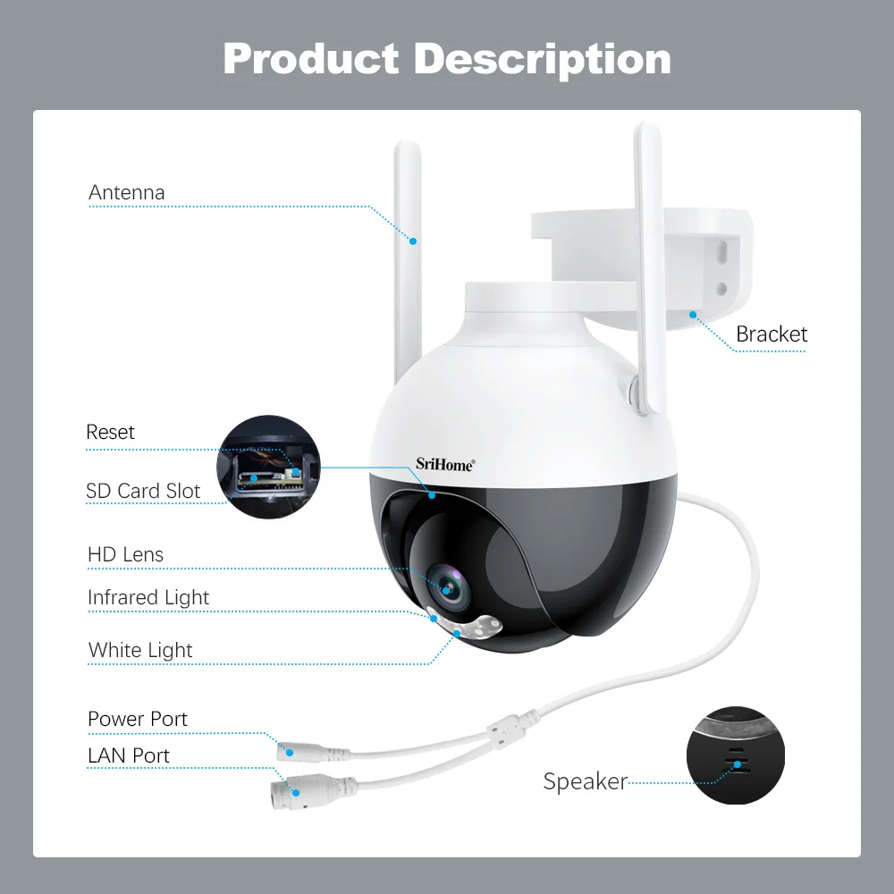 CCTV Security System 1080P PTZ With Audio Auto Tracking IR 10 meters AI Camera Install Outdoor House Srihome camera