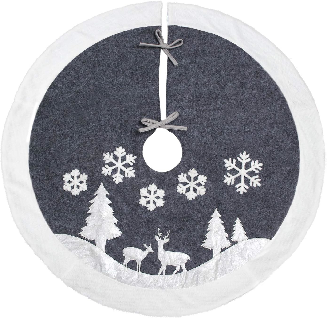 Tree Skirt, Fur Rustic White Xmas Tree Skirt,Snowy Christmas Trees Mat Decorations Indoors,Deer and Snowflake Pattern