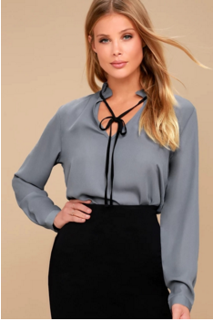 Modesty V Neck Fashion Black Women Top With Plunging Neckline