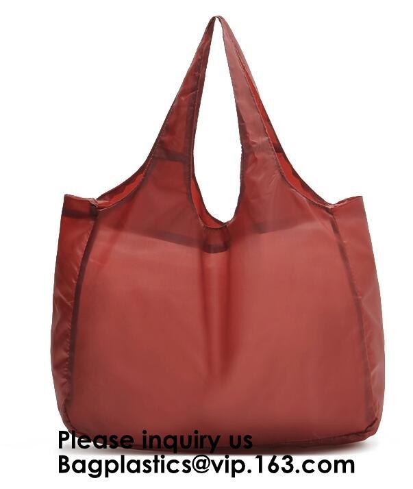 Printing Logo Polyester Handled Foldable Tote Bag With Snap Closure Foldable Bag Pocket Folding Nylon Shopping Bag