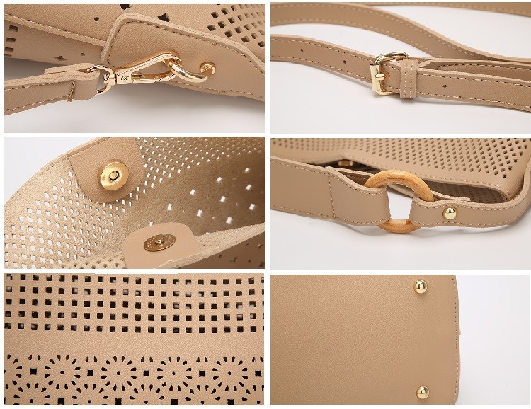 Hollow Out Beige Faux Leather PU Bucket Barrel Purse Leather