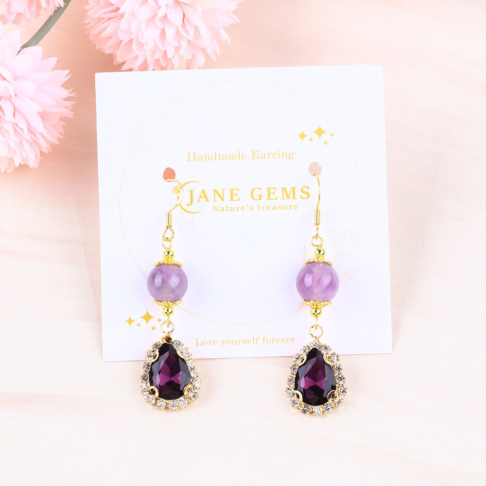Handmade Gemstone Earrings Naturala Amethyst Beaded Pendant Earrings Healing Amethyst Crystal Stone Earrings