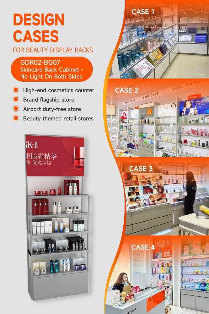 GDR02-BG07 No Light Skincare Display Cabinet with Multi-Purpose Storage and Modern Style for Department Stores