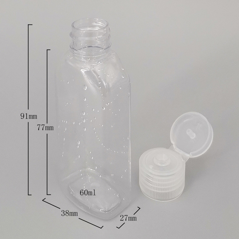 60ml Empty Square Alcohol Disinfection Gel Bottle, PET Plastic Clear Hand Sanitizer Bottle With PP Flip Top Cap