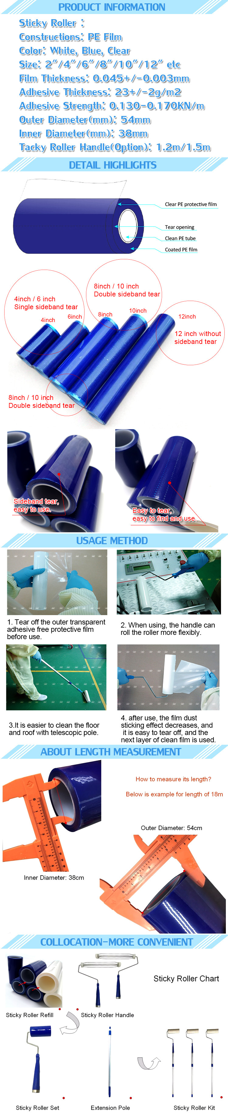 4 6 8 10 12 Inch Reusable Lint Roller For Cleanroom