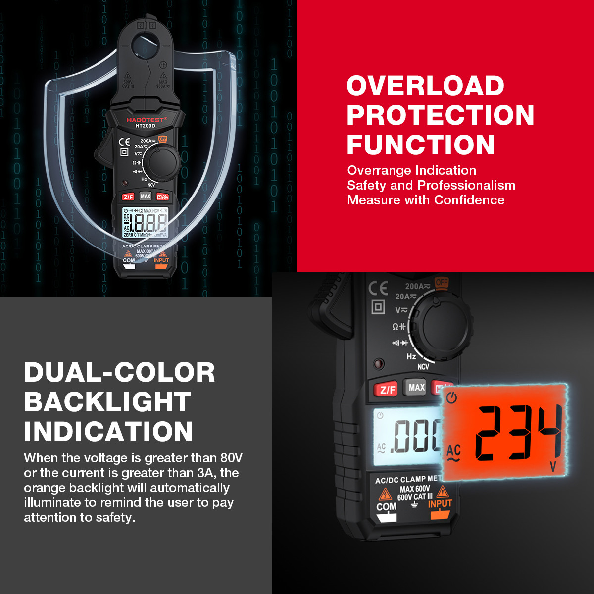 HT200D Clamp Meter DC/AC Current Voltage Digital Clamp Meter Measure Frequency Of Resistance Capacitance NCV Test
