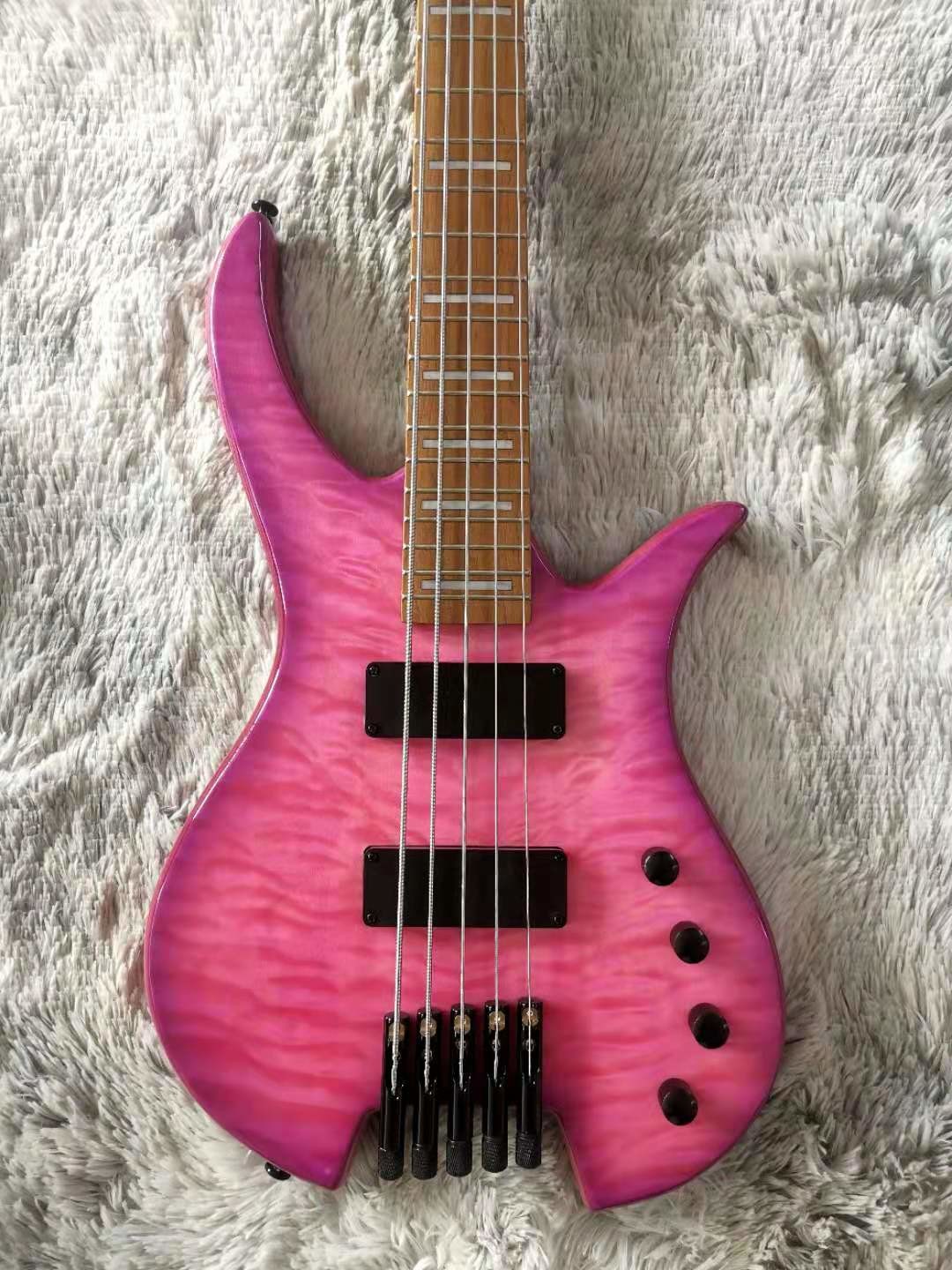 Ash Body Quilted Maple Top 9 Pieces Maple Neck Roasted Maple Fret Headless Bass 5 String Guitar Bass Free Shipping