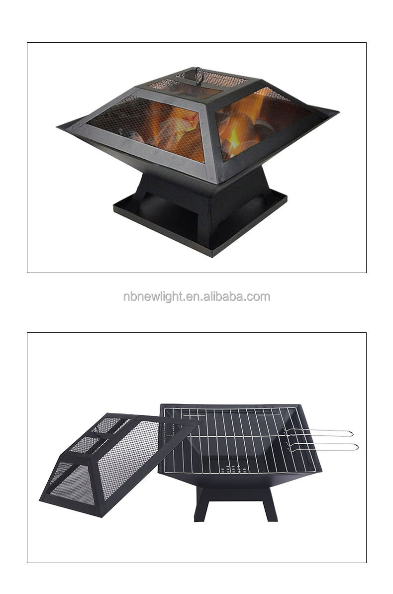 2 in 1 Outdoor Garden Charcoal Fire Pit Brazier with Square Barbecue 46.5*46.5*347cm