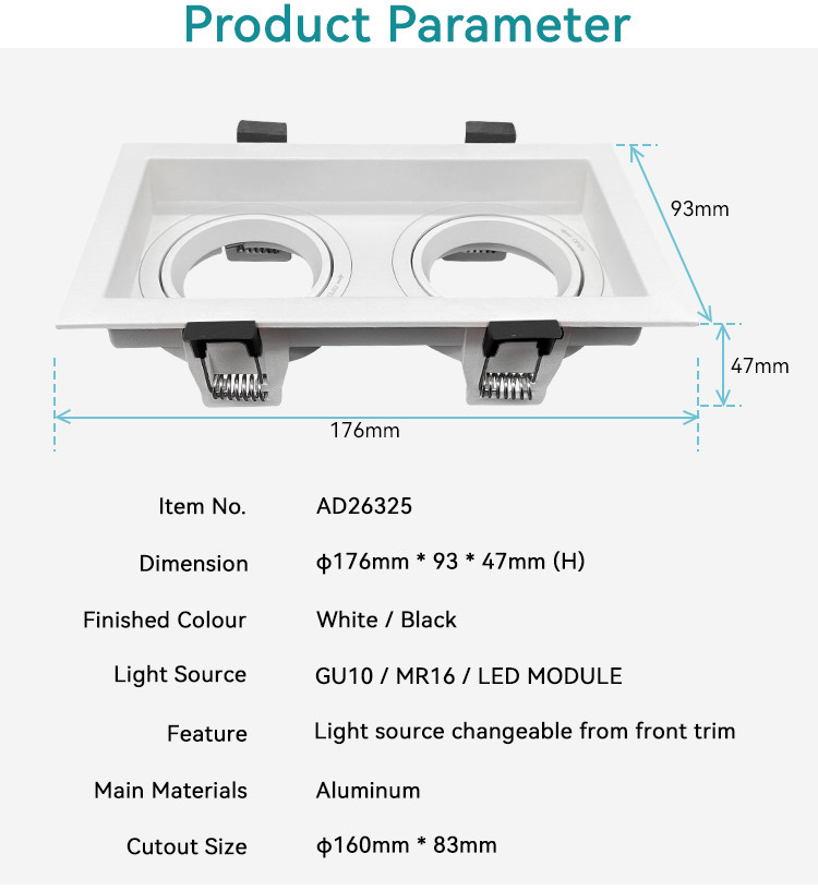 Square Dual-Head Spotlight Frame Anti-Glare 90° Rotation Aluminum For Commercial