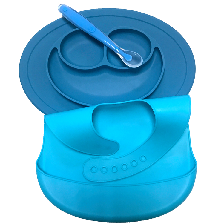 Octagonal Shape Silicone Placemat Plate Baby Spoons And Waterproof Bib