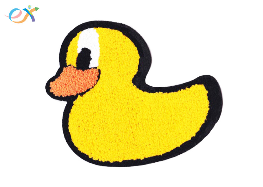 Felt Fabric Custom Chenille Patches Yellow Duck Shape With Sew On Backing