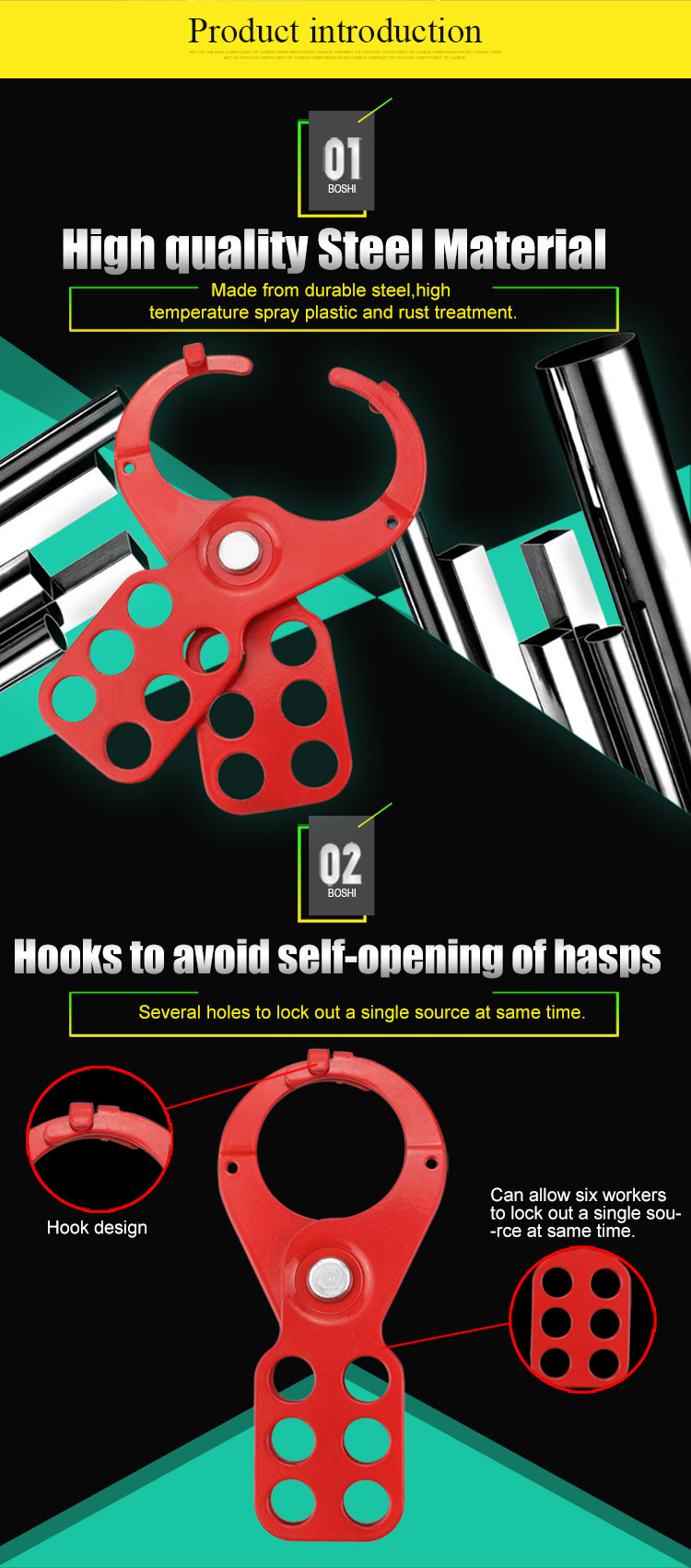 BOSHI Super September Customized Steel Material Red Safety Lockout Hasp With 6 Padlocks